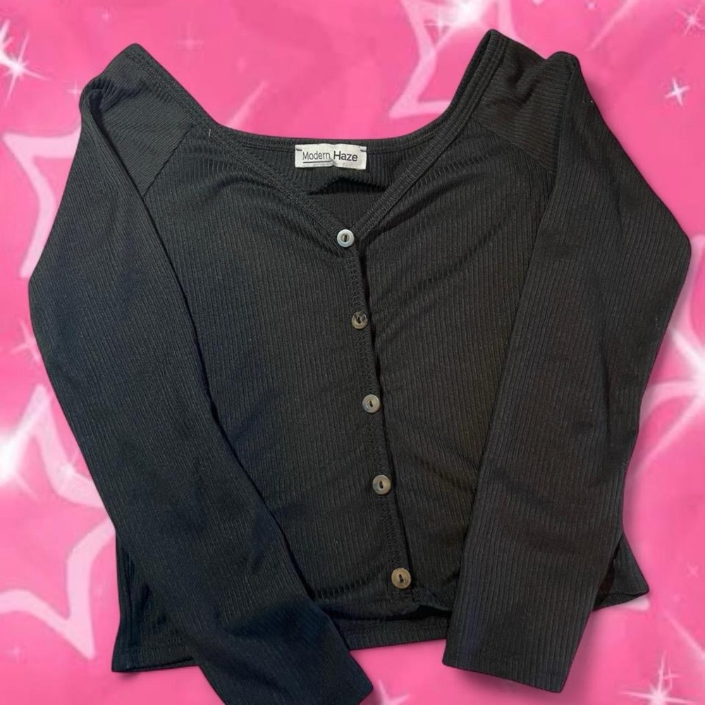 Black Ribbed Button-Front Long Sleeve Top - Picture 2 of 5
